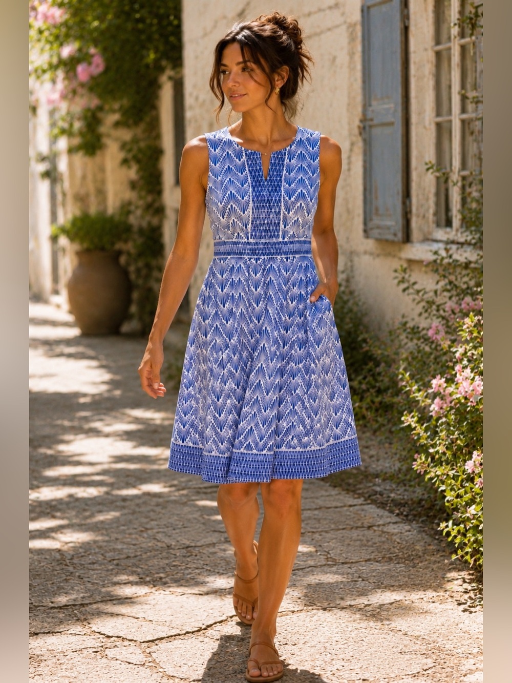 Talbots Petite 10P Blue White Fit Flare Dress Pockets Lined Summer